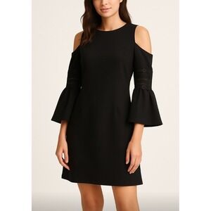 Eliza J Cold Shoulder Midi Dress size 10 Black Bell Sleeve Formal Cocktail Party